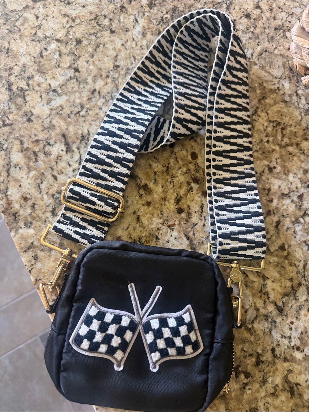 Bloc Bags Crossbody Pouch with Checker Flag Patch and Patterned Strap NEW